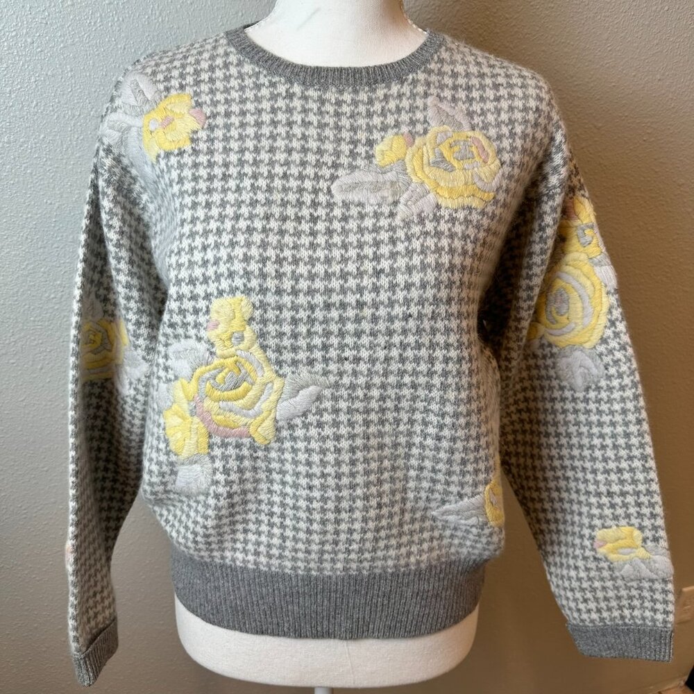 VTG JH Collectibles Angora Lambswool Houndstooth Floral Sweater PS